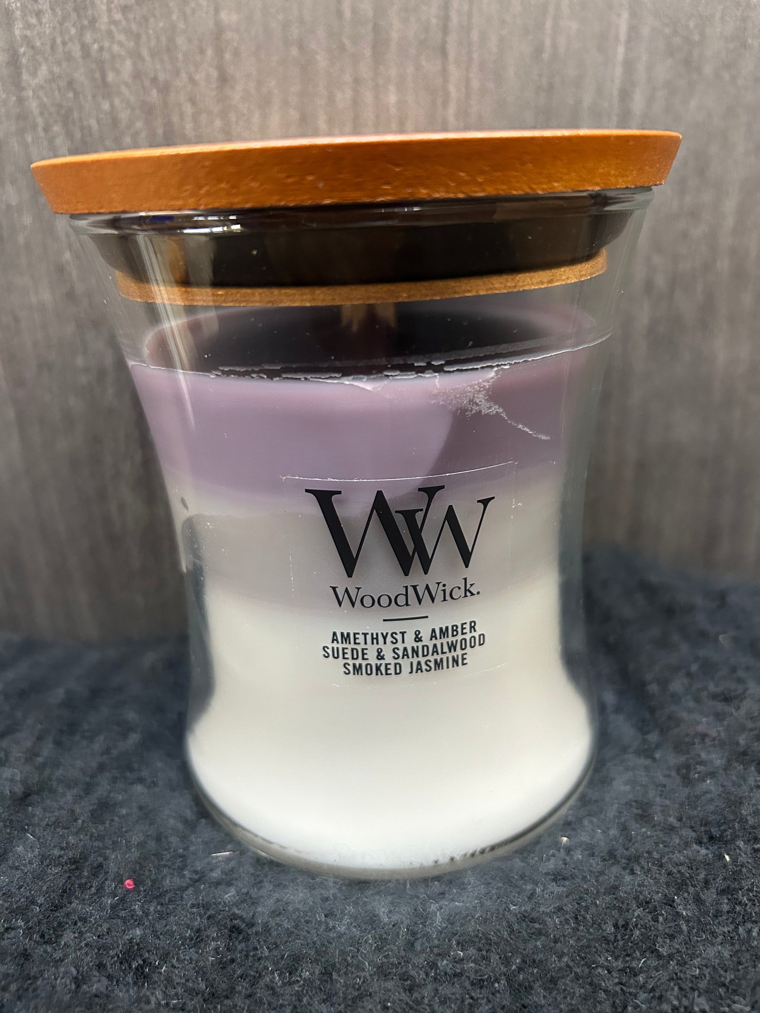 Amethyst & Amber Suede & Sandalwood Smoked Jasmine WoodWick Candle